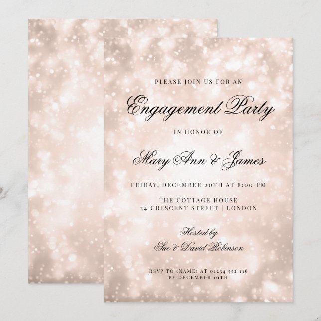 Rose Gold Champagne Bokeh Elegant Engagement Party Invitation (Front/Back)