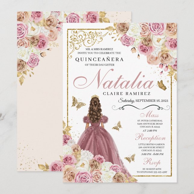 Rose Gold Champagne Butterfly Princess Quinceanera Invitation (Front/Back)