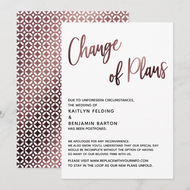Rose Gold Changement de régime Carte Mariage repor (Devant / Derrière)