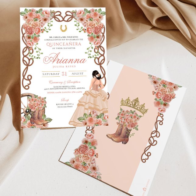 Rose Gold Charra Western Style Floral Quinceañera Invitation (Creator Uploaded)