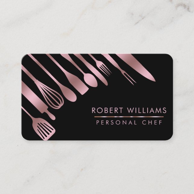Rose Gold Chef Kitchen Tools Glitter Faux Catering Business Card (Front)