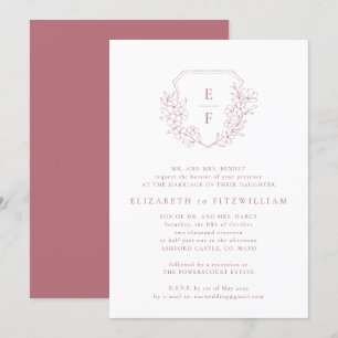 Rose Gold Cherry Blossoms Crest Monogram Wedding Invitation