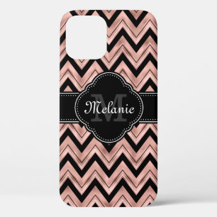 Rose Gold Chevron Pattern Black White Monogram iPhone 12 Case