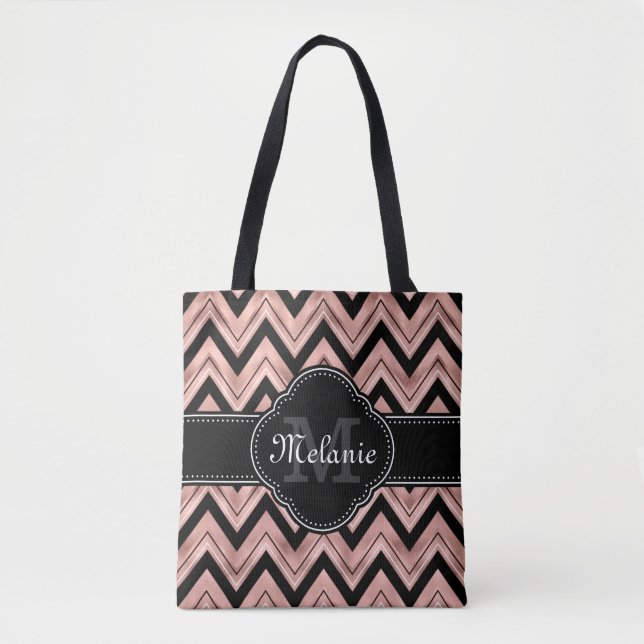 Rose Gold Chevron Pattern Black White Monogram Tote Bag (Front)