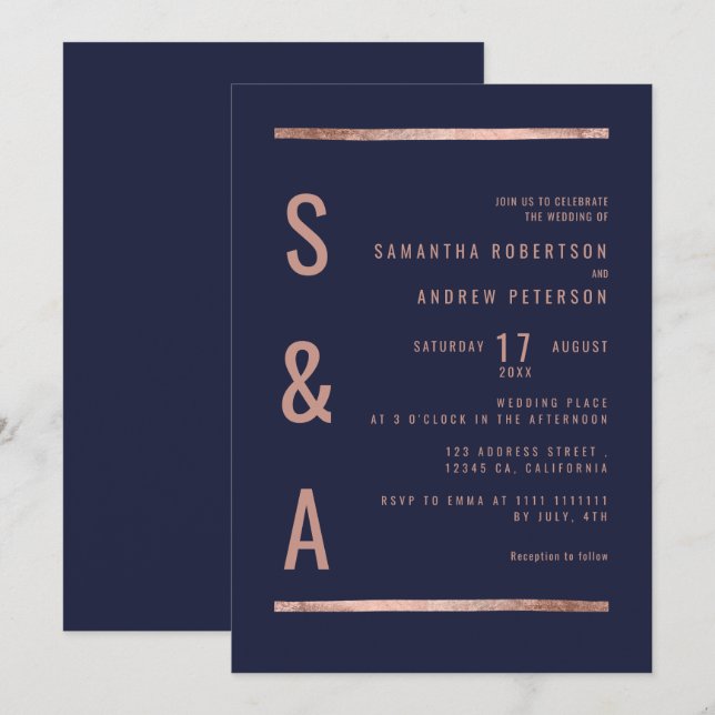 Rose gold chic navy blue geometric stripes wedding invitation (Front/Back)