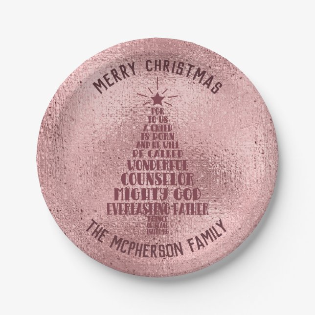 Rose Gold Christian Christmas Scripture - Add Name Paper Plate (Front)