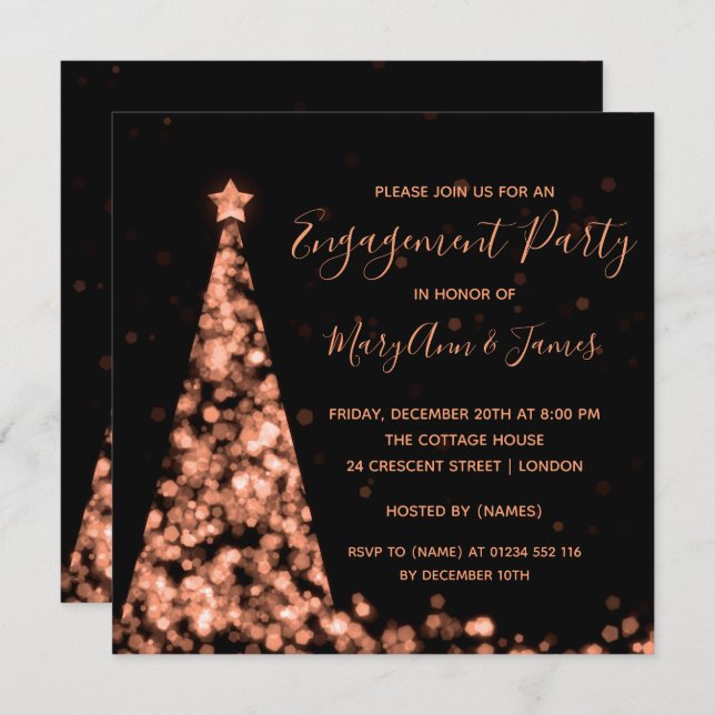 Rose Gold Christmas Tree Lights Engagement Party Invitation (Front/Back)