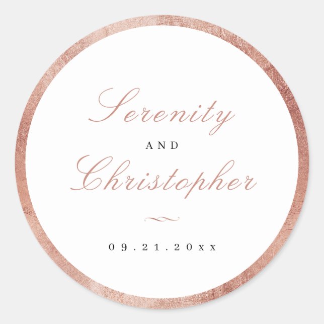 Rose Gold Classic Elegance Script Wedding Favours Round Sticker (Front)