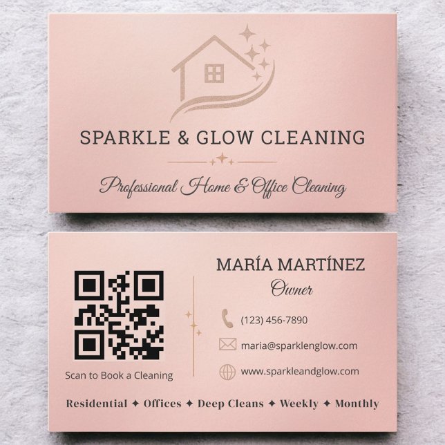 Rose Gold Cleaning Service House QR Code Sparkle Business Card (Creator Uploaded)