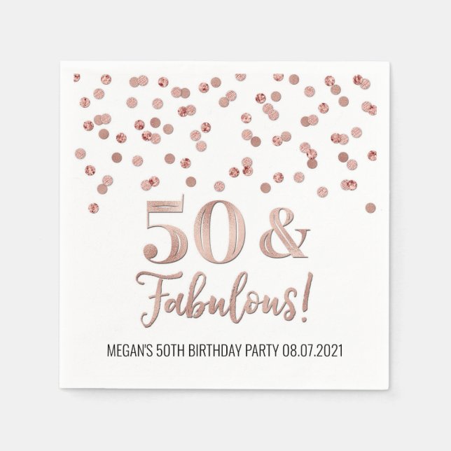 Rose Gold Confetti 50 & Fabulous Birthday Napkin (Front)