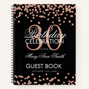 Rose Gold Confetti Black 30th Birthday Guestbook Notebook
