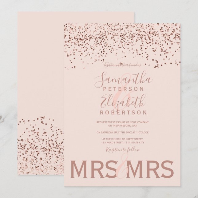 Rose gold confetti blush pink lesbian wedding invitation (Front/Back)