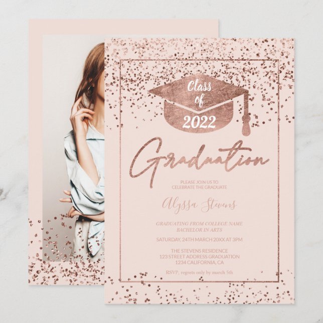 Rose gold confetti blush pink script graduation invitation (Front/Back)