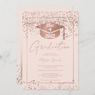 Rose gold confetti blush pink script graduation invitation