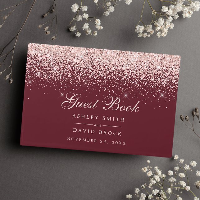 Rose Gold Confetti Burgundy Modern Chic Wedding Guest Book (Creator Uploaded)