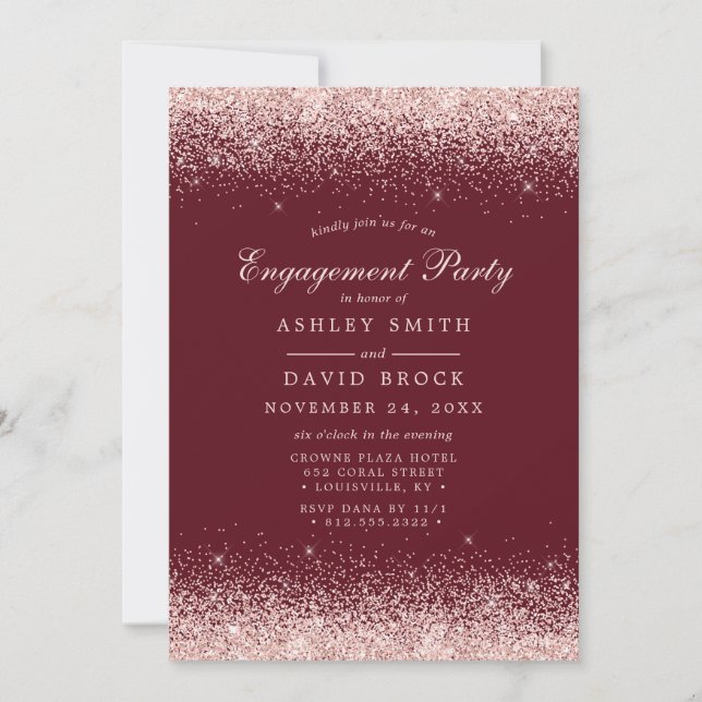 Rose Gold Confetti Burgundy Modern Engagement Invitation (Front)