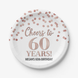 Rose Gold Confetti Cheers to 60 Years Birthday Paper Plate