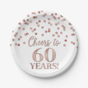 Rose Gold Confetti Cheers to 60 Years Birthday Paper Plate