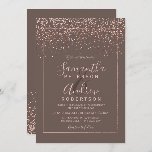 Rose gold confetti coffee typography wedding invitation (Front/Back)