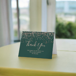 Rose gold confetti emerald typography thank you card