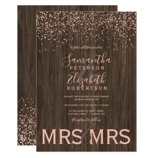 Rose gold confetti fall wood lesbian wedding invitation