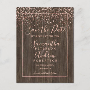 Rose gold confetti  fall wood script save the date announcement postcard