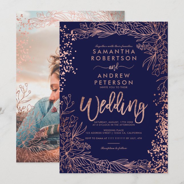 Rose gold confetti floral navy blue wedding invitation (Front/Back)