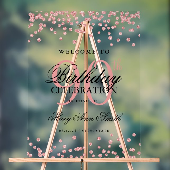 Rose Gold Confetti Glitter 90th Birthday Welcome  Acrylic Sign (Neutral)