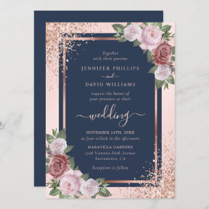 Rose Gold Confetti Glitter Navy Blue Blush Wedding Invitation