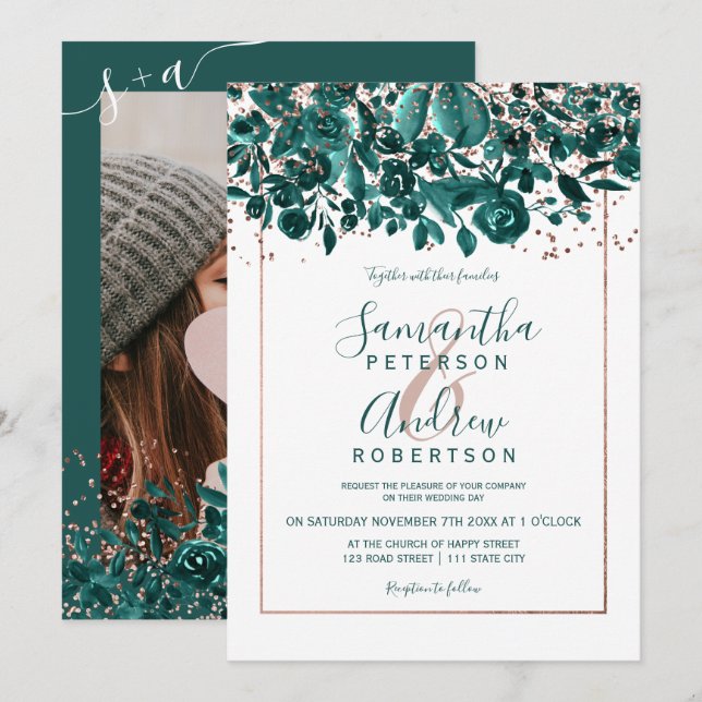 Rose gold confetti green chic floral photo wedding invitation (Front/Back)