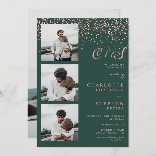 Rose gold confetti green initials photos wedding invitation (Front/Back)