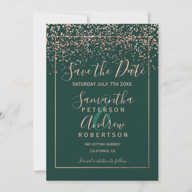 Rose gold confetti green save the date wedding (Front)