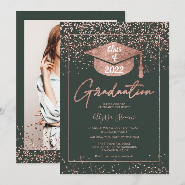 Rose gold confetti green script graduation invitation (Front/Back)