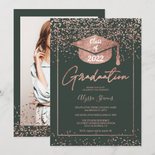 Rose gold confetti green script graduation invitation