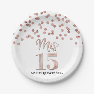 Rose Gold Confetti Mis 15 Quinceanera Paper Plate