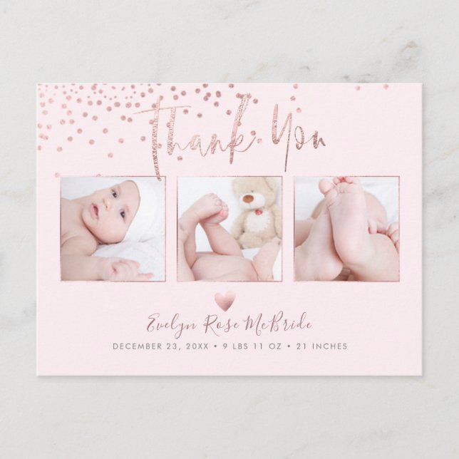 Rose Gold Confetti Modern Script Thank You Postcard (Front)