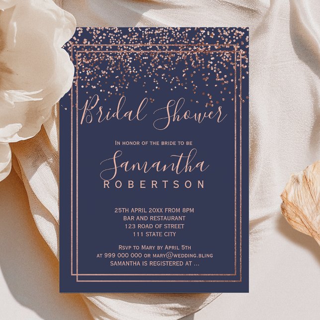 Rose gold confetti navy blue border bridal shower invitation (Rose gold confetti navy blue border bridal shower invitation)