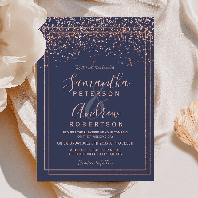 Rose gold confetti navy blue border chic wedding invitation (Rose gold confetti navy blue border chic wedding invitation)
