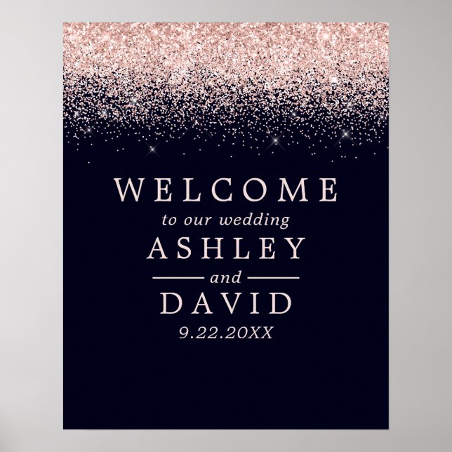 Rose Gold Confetti Navy Blue Chic Wedding Welcome Poster (Front)