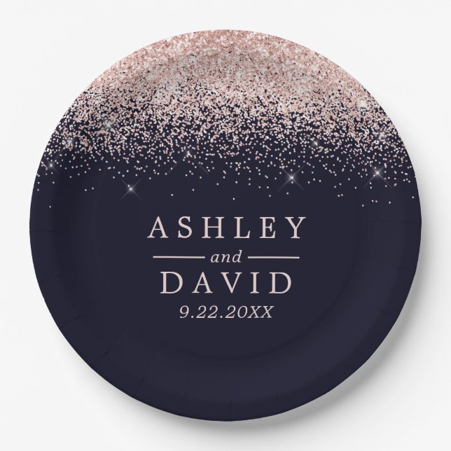 Rose Gold Confetti Navy Blue Modern Wedding Paper Plate (Front)