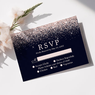 Rose Gold Confetti Navy Blue Modern Wedding RSVP Card