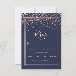 Rose gold confetti navy blue script border rsvp card