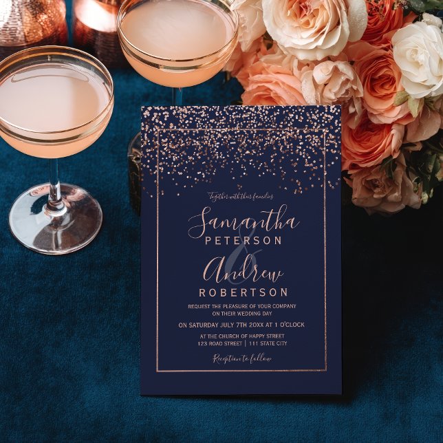 Rose gold confetti navy blue typography wedding invitation (Elegant Luxe Rose gold confetti navy blue wedding Invitation)