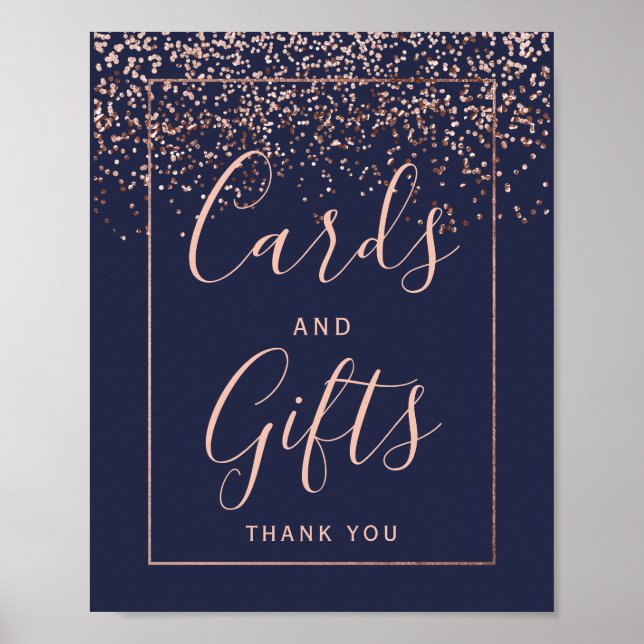 Rose gold confetti navy blue wedding Card gifts Poster (Front)