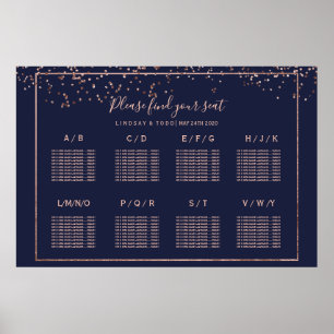 Rose gold confetti navy blue wedding table seating poster