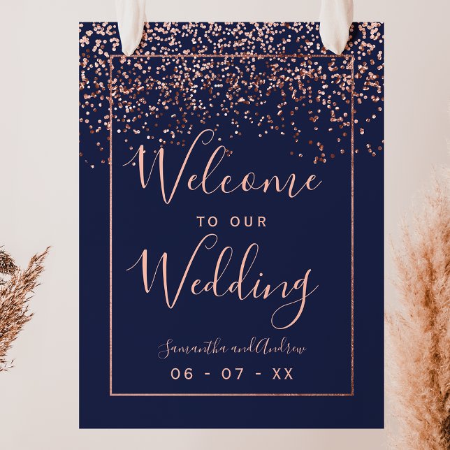 Rose gold confetti navy blue wedding welcome poster (Creator Uploaded)