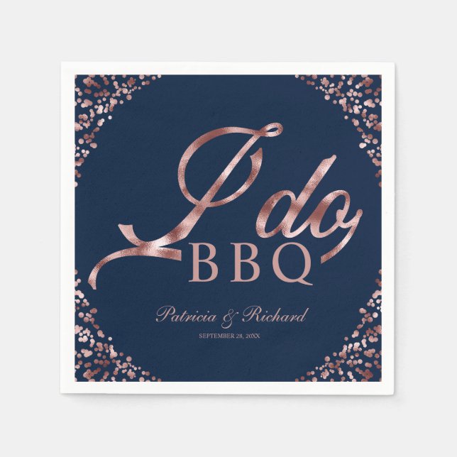 Rose Gold Confetti Navy I Do BBQ Engagement Party Napkin (Front)