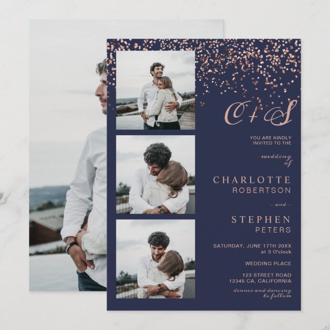 Rose gold confetti navy initials photos wedding invitation (Front/Back)