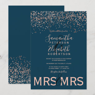 Rose gold confetti navy lesbian wedding invitation
