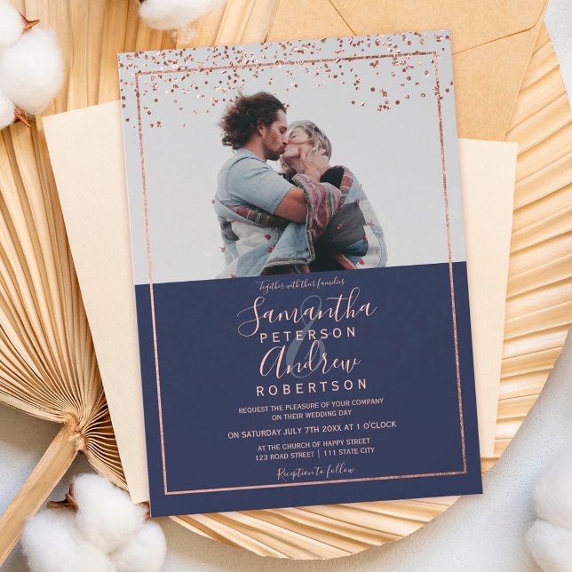 Rose gold confetti navy typography photo wedding invitation (Creator Uploaded)